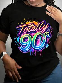 Women's 90's Totally Graphic Print T-Shirt - Vibrant Blue Retro Crew Neck Short Sleeve Top With Bold Lettering & Color Splash Design, Machine Washable Casual Tee For Spring & Summer, Ladies T Shi