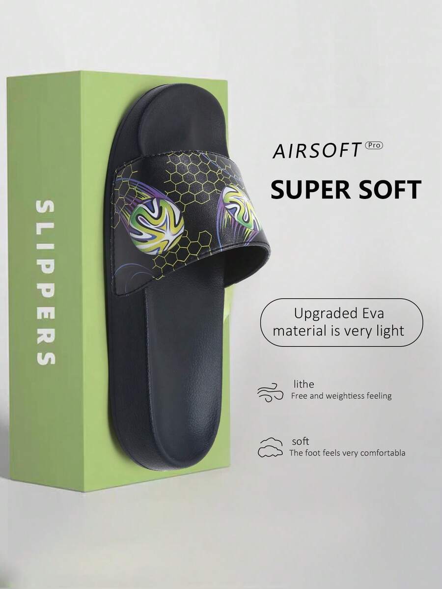 Kids' Foam Slippers, Cartoon Football Design, Non-Slip Soft Bottom, Modern Sports Style, Lightweight, Boys' Indoor Casual Sandals - Black - View 1