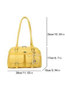 COEVA 1 Pc Vintage Solid Color PU Leather Shoulder Bag For Women, Large Capacity Multi-Pocket Crossbody Bag With Detachable Accessory Charms, Retro Stylish Purse For Daily Commute And Casual Outings - 黃色 - 查看 5