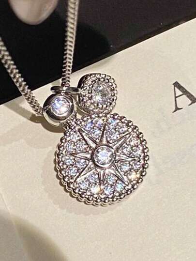 1 pieza Collar con colgante de brújula octagonal de circonita cúbica de plata de lujo y moda, diseño delicado y de alta gama, adecuado para regalos, fiestas, vacaciones, uso casual, banquetes, uso diario, días festivos