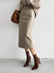 法式优雅皮裙开衩设计修身女裙适合日常通勤约会聚会秋冬