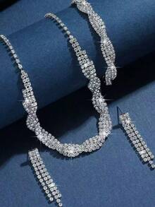 3 Peças Conjunto de Colar, Pulseira e Brincos com Borla, Conjunto de Joias Trançadas em Cruzamento para Mulheres, Acessórios Nupciais para Casamento e Festa - Multicolorido - Visão 6