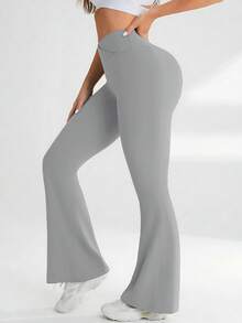 YZMJAFU 女士高腰喇叭裤，交叉弹力腰带设计，休闲百搭修身阔腿裤，弹力面料，凸显曲线，瑜伽/健身紧身打底裤，高腰隐形提臀收腹裤，柔软面料 - 淺灰色 - 查看 4