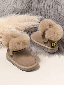 儿童保暖内衬冬季保暖鞋，2025 冬季新款女童毛绒毛皮户外雪地靴，幼儿保暖防滑平底短靴 - 卡其色 - 查看 4