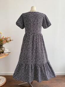 Rusttydustty 大码女式蓝色度假波西米亚碎花短袖荷叶边连衣裙，黑色夏季优雅款 - 黑色 - 查看 6