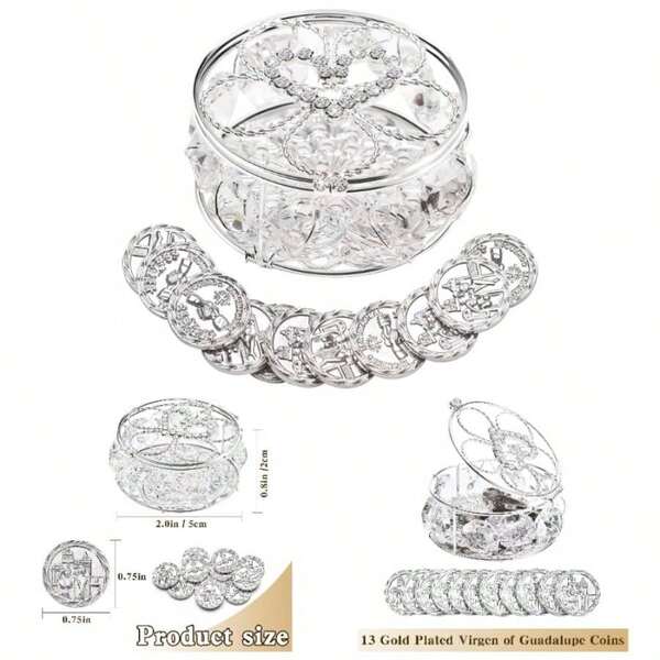Wedding Arras Coins Sets, Arras De Boda Catolica, Arras Para Boda Catolica Silver Gifts Box With 13 Coins Decorative Crystals, Arras De Boda Cristiana