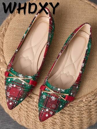 WHDXY 1 Paar Damen Spitzschuh Flache Schuhe, Hochwertige Weihnachtsdesign, Metall Dekoration, Flacher Absatz, Obermaterial aus Stoff, rutschfeste Sohle, leicht & bequem, geeignet für Weihnachtsreisen, Innen- und Außenbereich