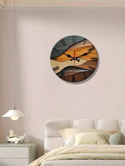 1pc10/12 Inch Artistic Creative Round Wooden Wand Clock, Faux Wood Grain Nordic Corrugated Silent Non Ticking High Quality Movement, Living Room Bedroom Home Artwork, Holiday Birthday Present (Batteries Not Included)