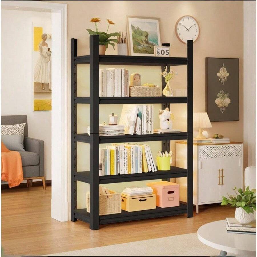 Living Room Bookshelf 5Tiers Book Shelf With Adjustable Shelves Lightweight Metal Bookshelves Easy To Install Storage Unit Modern Industrial Shelves Black 31.5 W*11.8 D*63 H - 5tier315W118D63H - 查看 1