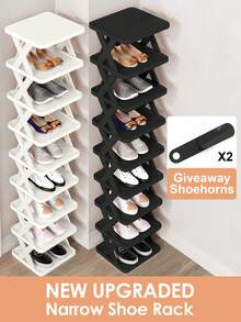 9/6 Tier Narrow Shoe Rack, New Upgraded Shoe Shelf Small Vertical Shoe Stand, Space Saving DIY Free Standing Shoes Storage Organizer For Entryway, Closet, Hallway, Easy Assembly And Stable In Structure, Black & White - 2pk - Black + White - 查看 1