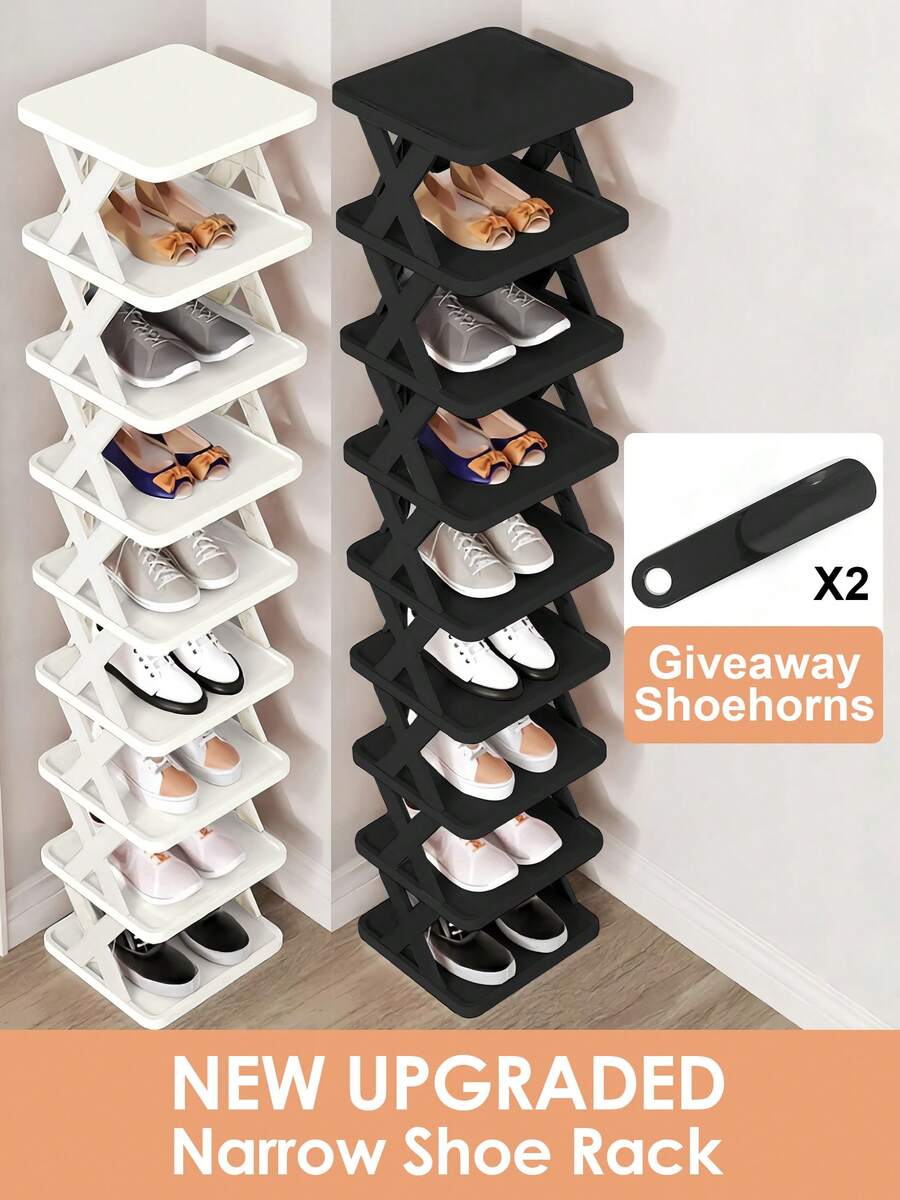 9/6 Tier Narrow Shoe Rack, New Upgraded Shoe Shelf Small Vertical Shoe Stand, Space Saving DIY Free Standing Shoes Storage Organizer For Entryway, Closet, Hallway, Easy Assembly And Stable In Structure, Black & White - 2pk - Black + White - 查看 1