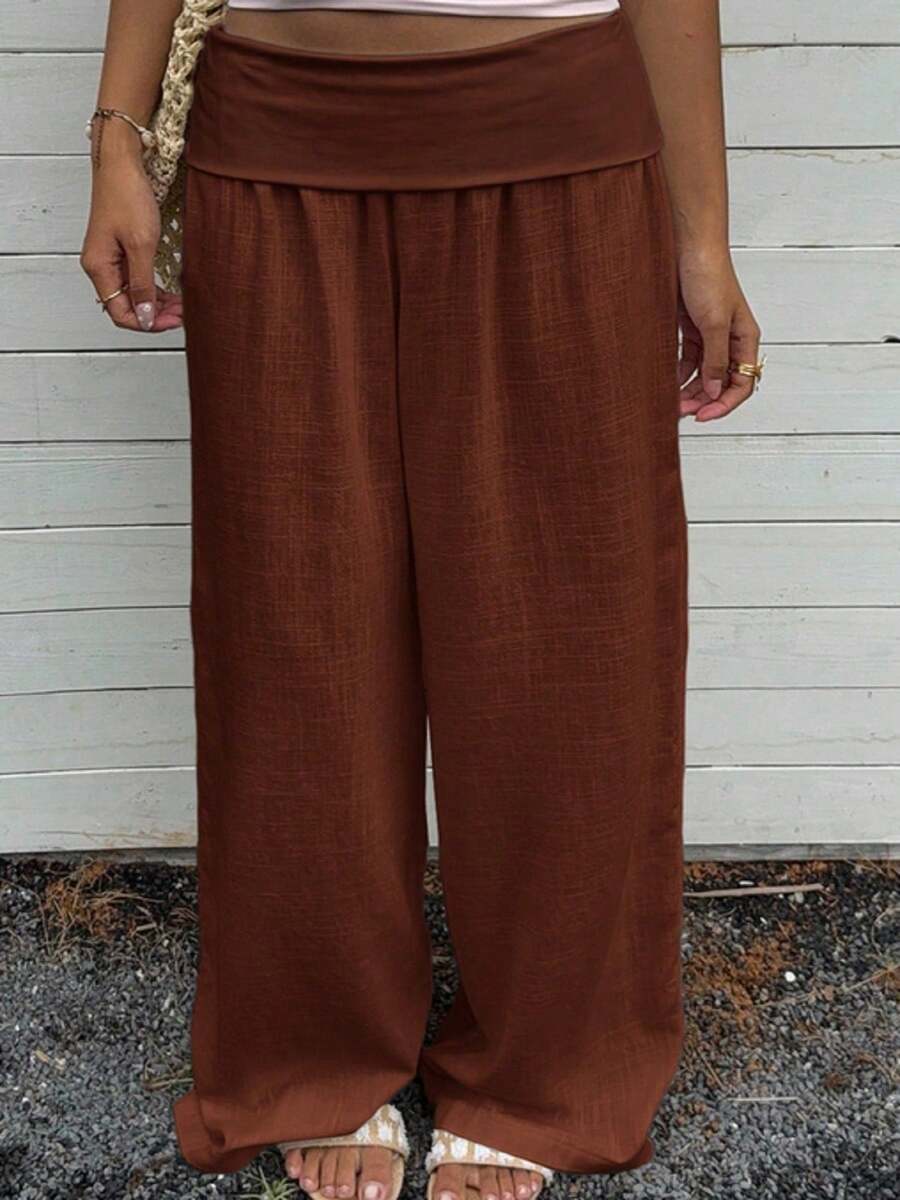 Women Pants - Loose Wide Leg Straight Leg Solid Color - Coffee Brown - View 1