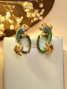 Women's Earrings, Goldfish Shaped Colorful Crystal & Emerald Luxury Earrings, Suitable For Banquet And Party Occasions