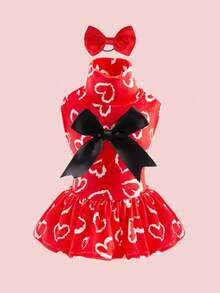 CuteBone 爱心印花宠物公主裙+蝴蝶结发箍套装，高领优雅连衣裙，适合狗狗和猫咪，可爱宠物裙（随机发货1件），情人节畅销套装 - 粉色 - 查看 9