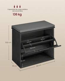 VASAGLE Banco Zapatero Acolchado, Mueble de Recibidor de 3 Niveles para 6 Pares de Zapatos, Cajón Abatible, 30 x 60 x 53,5 cm, para Entrada, Dormitorio, Negro Ébano y Gris Pizarra - Negro - Ver 5