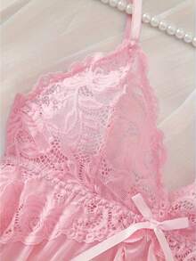 Kawaii, Sexy Women's Lace, Mesh And Solid Body, Slit Erotic Tempting Lingerie Nightdress, Available In Plus Sizes, Multiple Colors, Unleash Your Charms For A Night, Perfect Sleepwear For New Year And Valentine's Day - 粉色 - 查看 2