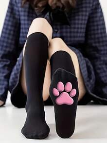 Meias Cano Alto Femininas com Garra de Gato 3D - Meias de Silicone Pretas com Acolchoado Rosa para Roleplay, Acessório de Moda Fofo, Adequado para Eventos Temáticos e Uso Diário, Estrutura de Tecido Macio, Acessório de Vestuário, Estilo Brincalhão, Material Durável, Colecionador de Meias