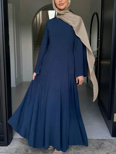 Women's Solid Color Backwaist Tie Design Pocket Casual Long Loose Dress