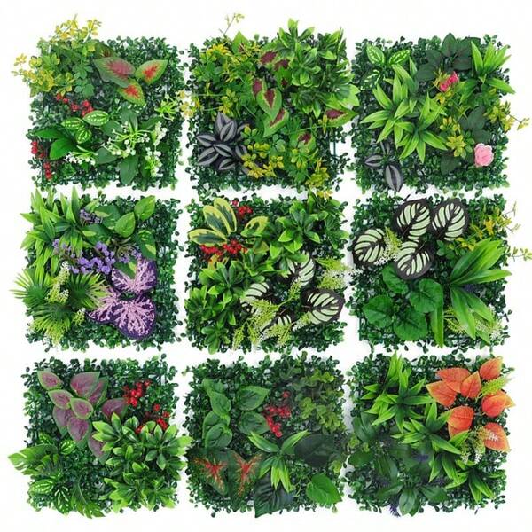 1 pieza Decoración de pared simulación de pared de plantas verdes con fondo de eucalipto, falsa hierba verde de césped de plástico artificial de Milán