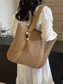 Baila Morena Tote Bag Beach Straw Bag Square Braided Checkered Striped Shoulder Bag Synthetic Leather Strap Zipper Closure Pendant Keychain Summer - màu nâu - Xem 4