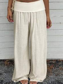 Women Pants - Loose Wide Leg Straight Leg Solid Color - 卡其色 - 查看 6