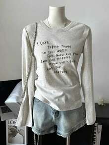 修身款美式插肩字母印花棉质 T 恤，短款长袖分层上衣，适合女士，春秋季 - 淺花灰 - 查看 9