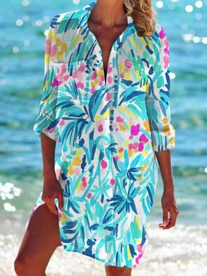 Women's Single-Breasted Tropical Print Beach Cover-Up