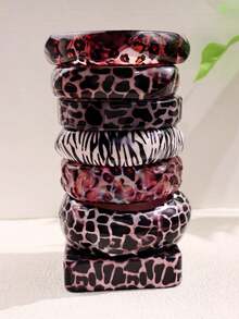 1 pieza Brazalete grueso a rayas blanco y negro de estilo punk exagerado, brazalete a juego con estampado de leopardo de moda hip hop, joyería para mujer, adecuado para fiestas y vacaciones - multicolor - Ver 2