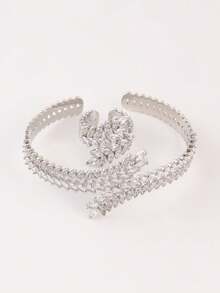 Conjunto de 1 anillo de manguito de espiga de trigo microincrustado ajustable con diseño de moda europea y americana - Plateado - Ver 5