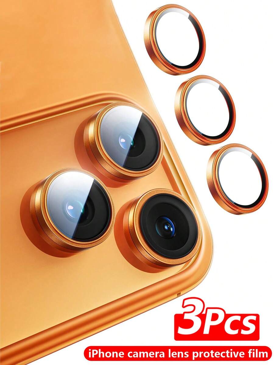 Bộ 3 miếng dán bảo vệ ống kính camera tương thích với iPhone 17 Pro Max/17 Pro, kính cường lực 9H chuẩn hàng không, siêu trong suốt, vòng kim loại độc lập, tương thích với ốp lưng điện thoại, màu cam.