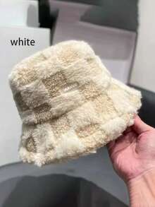 1 Piece/This Chessboard Color Block Plush Bucket-Shaped Bucket Hat Is Suitable For Women To Wear. It Is A Thick, Warm And Windproof, Fashionable And Cute Bucket Bucket Hat For Daily Outdoor Use In Autumn And Winter. Winter Warm