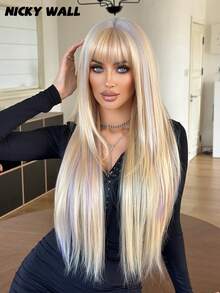NICKY WALL 32Inch Extra Long Straight Layered Blonden Highlights Wigs For Women Elegant Nature Looking Wigs With Full Bangs,High Density Fluffy Synthetic Heat Resistant Fiber Hair,For Beginners Glueless Daliy Party Use - 漸變金色 - 查看 4