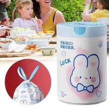 1 卷随机可爱卡通兔子抽绳垃圾袋，加厚印花手柄，适用于幼儿园尿布处理、婴儿垃圾清理、多用途一次性垃圾袋（约 50 个）