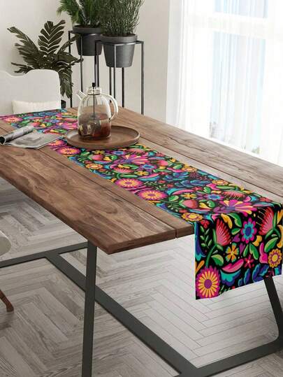1 pieza Mantel de lino para fiestas con patrón colorido de festival mexicano, adecuado para el hogar y el área de comedor de restaurantes, decoración de mesa, artículos para el hogar