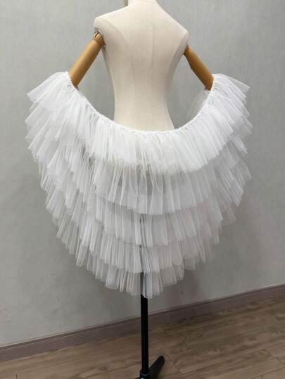 1pc White Bride Minimalist Detachable Multi-Layer Asymmetrical Mesh Shawl Dramatic Puff Sleeve Cape Bridal Accessory