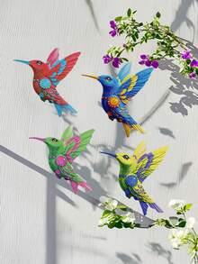 4 piezas de arte de pared de metal de colibrí vibrante - reutilizable, esculturas coloridas para decoración interior y exterior, perfectas para balcón, jardín y sala de estar, arte de pared de jardín | Arte de pared vibrante | Arte de metal duradero, decoración de colibrí, perfecto para la decoración de la habitación