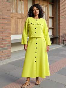 2pcs/Set Autumn/Winter Round Neck Long Sleeve Cardigan Top And Single-Breasted Pocket Skirt Casual Chic Outfit