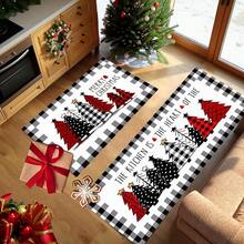 1 pièce Tapis de cuisine, de porte, de salle de bain, de chambre à coucher, de salle à manger, décoration de maison, décoration de fête, décoration de Noël, en matériau imitation cachemire doux avec motif d'arbre de Noël sur fond à carreaux noirs et gris, avec support en TPR, pour la décoration de Noël