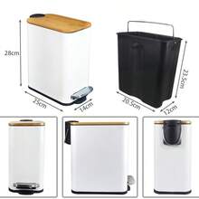 Small Trash Can With Bamboo Lid Soft Close 5L Pedal Bin Rectangular Garbage Can With Inner Bucket For Bathroom Bedroom Powder Room Craft Room Office Black