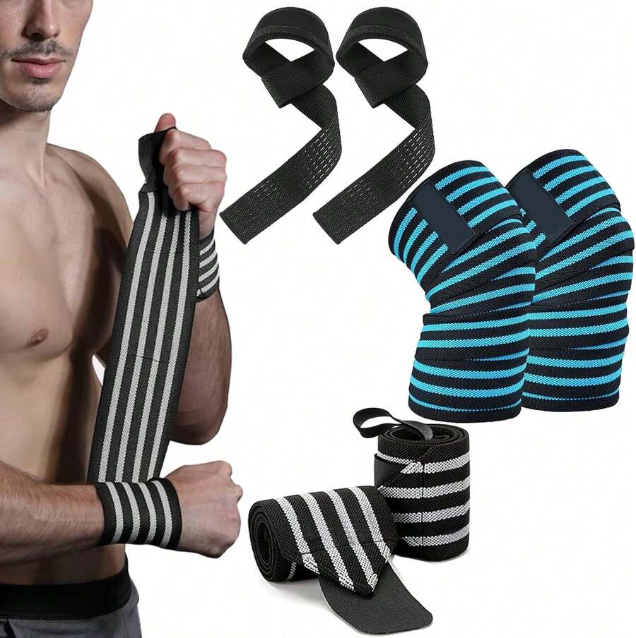 6pcs vendas para rodillas gym, Wraps para rodilla gym con Vendas para Rodilla, muñequeras, y Straps para Gimnasio, Equipo de entrenamiento de pesas, Evita lesiones en tus articulaciones - Negro - Ver 1