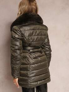 Quilted Jacket With Belt And Fur Collar - Green - View 3