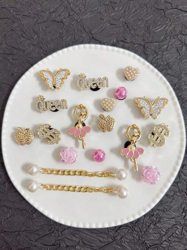 18pcs Elegant Faux Pearl, Bow & Glitter Bear Shoe Clips, ABS Glitter Pink Bow DIY Decorations, Versatile Accessories For Women's Sandals, Slippers, Beach Bags, Great Gift For Mother's Day And Holiday Parties