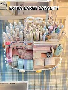 1pc Large Capacity Cute Desk Storage Box, Comes With Random Pattern DIY Stickers For Decoration. Made Of High-Quality Materials, Durable And Suitable For Stationery Storage, Pen Holder, Desk Organization And More. Creative Cartoon Design, Instagram-Inspired Style, Ideal For Girls, Students, Office Workers, Back-To-School Season, Birthday Gift Or Daily Study. - White - View 5