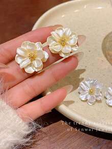 1对波西米亚风白色花朵百搭耳环，新娘耳环，女士情人节配饰 - 米色 - 查看 2