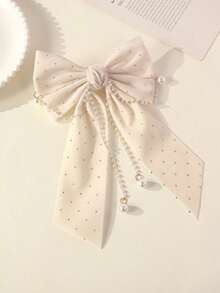 1pc Girls' Fashion Rhinestone Bow Pearl Pendant Decor Spring Clip (Random Pearl Quantity) - Beige - View 2