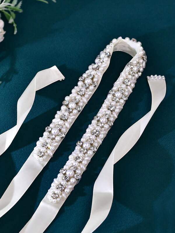 1 peça elegante faixa de noiva prateada com strass, cinto para vestido de noiva com pérolas, perfeito para vestido formal feminino, festa à noite, apresentação no palco