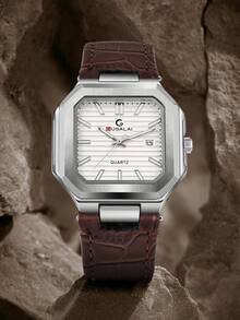 GUSALAI 1pc Gusala Men's Minimalist Stylish Niche Square Case Casual Business High-End Leather Strap Watch, Suitable For Daily Life And Holiday Gifts - Brown - View 6