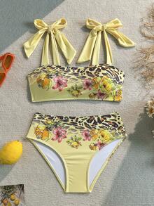 1 Set Women's Floral & Leopard Print Tie-Back Bikini Swimsuit, 2-Piece Separate Bathing Suit - Yellow - View 1