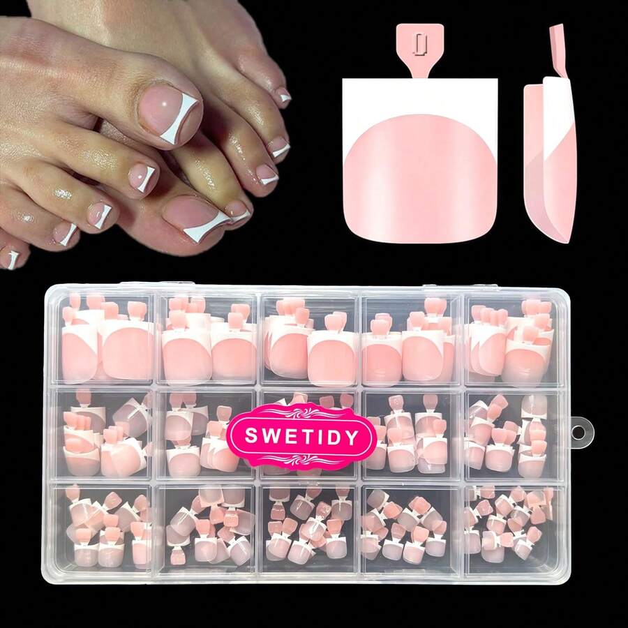 SWETIDAY Toe Nail Tips Press On, French Fake Short Toe Tips, 150Pcs Square Round Acrylic Toenail Press Ons, 15 Sizes French Baby Pink Wearable Full Cover Fake Toenails - Đầu móng chân vuông kiểu Pháp màu hồng nhạt - Xem 1