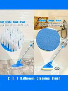 1 pieza - Cepillo de limpieza de baño retráctil de dos en uno, equipado con mango de acero inoxidable, cabezal de esponja y accesorio de cabezal de cepillo de piso, adecuado para bañeras, pisos y piscinas, herramienta de limpieza multifuncional de mango largo, 180° rotable, se puede usar en cualquier espacio, cepillo de piso de mango largo, cepillo de esponja multifuncional para bañera, cepillo de piso, cepillo triangular retráctil, cepillo de limpieza de cerdas duras para interiores, estilo aleatorio